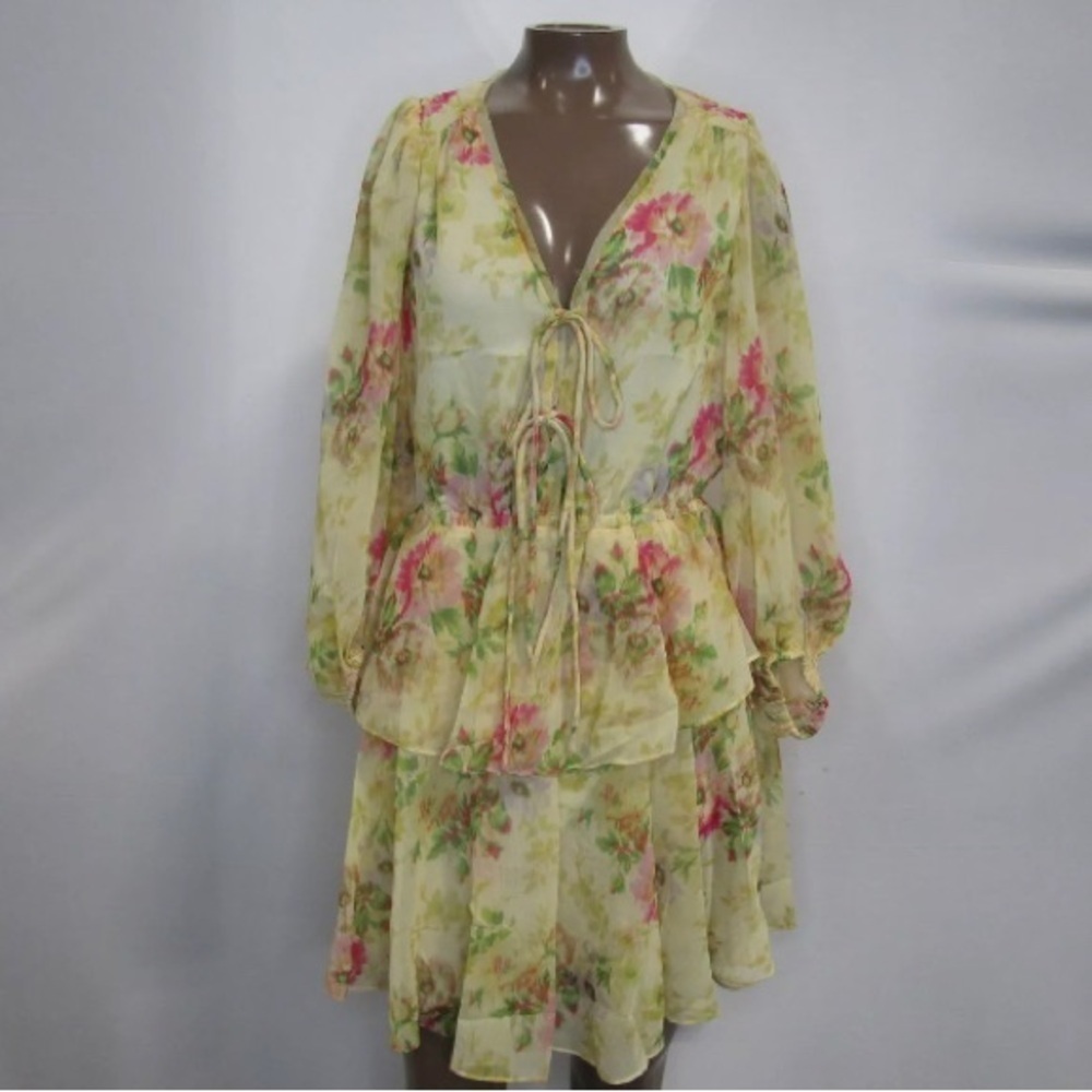 TED BAKER London V Neck GGT Printed Tie Front Mini‎ Dress Size 0 Yellow NWT